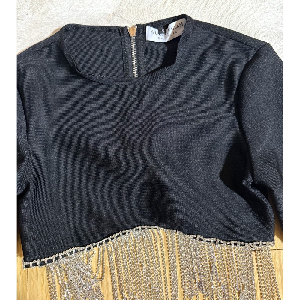Guilty Of Glam Black Rhinestone Fringe Long Sleeve Women's Back Zip Top Size S - Picture 2 of 3
